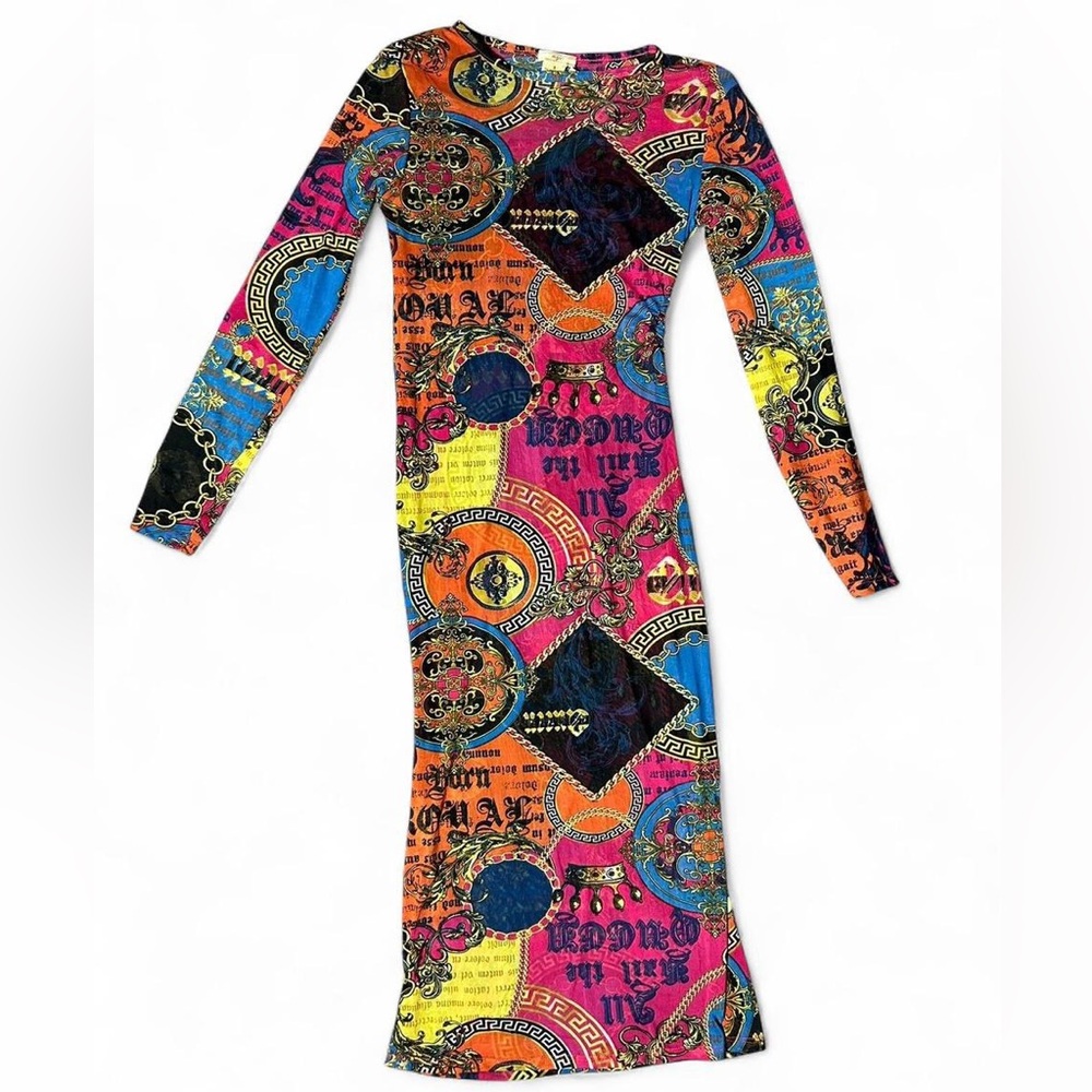 Printed mesh sheet long sleeve midi dress in multi-coloured print small